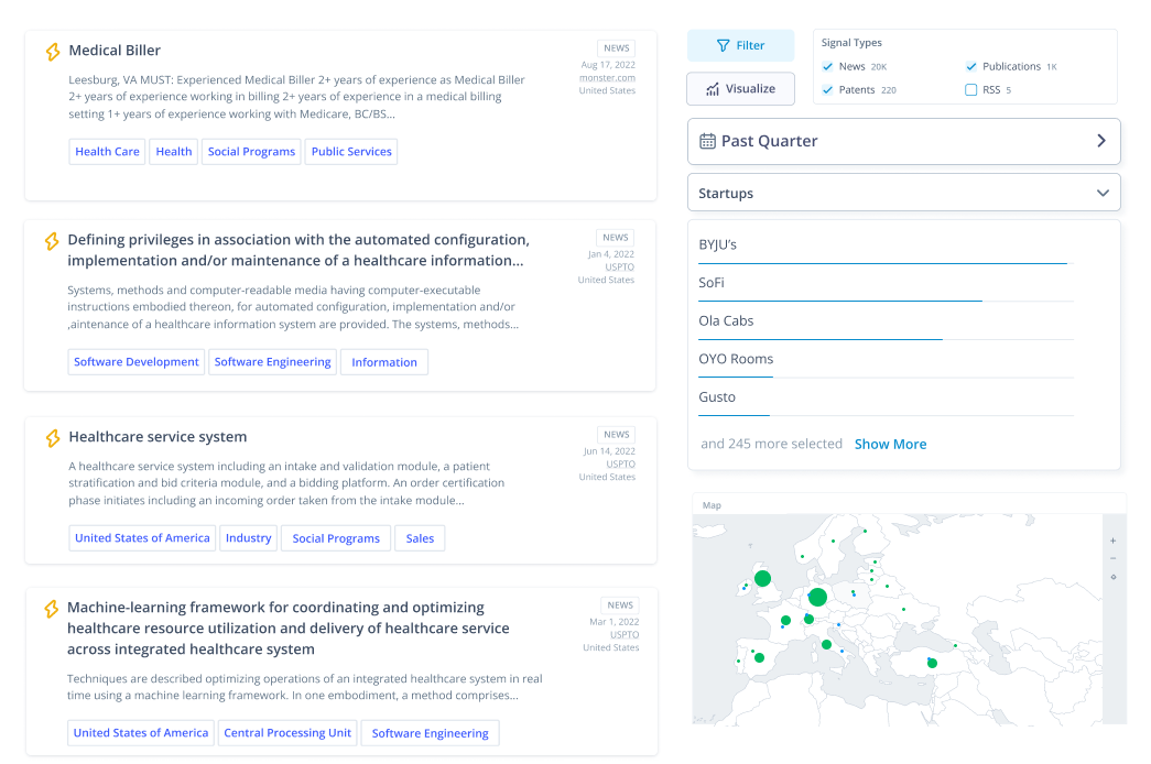Signals feed with automated startup search in the ITONICS Innovation OS